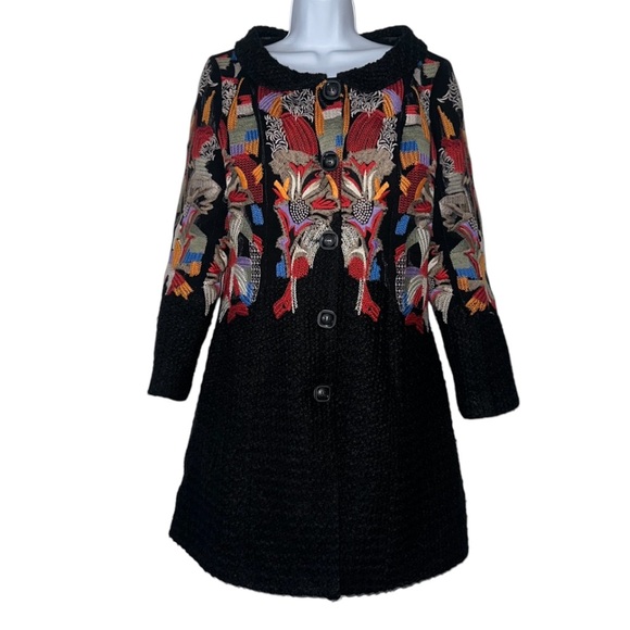 Marc Jacobs Wide Neck Black Boiled Wool Fit & Flare Embroidered Jacket- Size 6 - Picture 1 of 17
